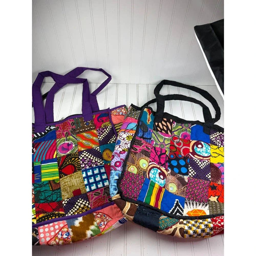 Vintage Handmade African Colorful Patchwork Boho Large Shoulder Bags Bundle of 2 - Picture 4 of 9
